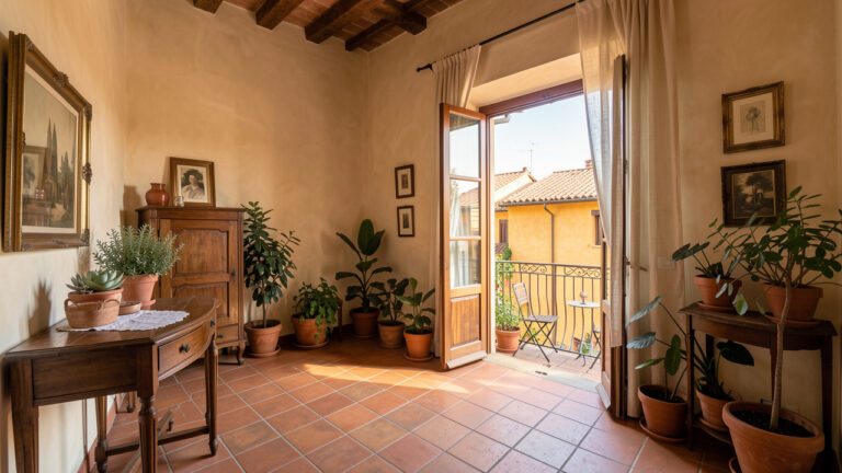 Appartement romain chaleureux avec sol en terre cuite, mobilier ancien, plantes méditerranéennes et balcon donnant sur les toits ocres de la ville.