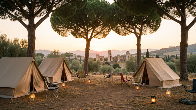 Bivouac chaleureux installé sous les pins dans la campagne romaine, avec des tentes, des lanternes et des ruines anciennes au loin.