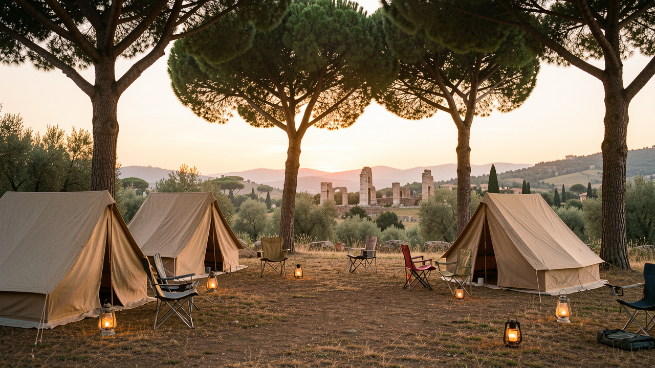 Bivouac chaleureux installé sous les pins dans la campagne romaine, avec des tentes, des lanternes et des ruines anciennes au loin.