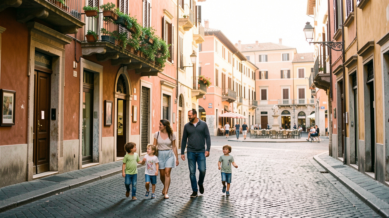 Une famille avec deux enfants découvre un quartier chaleureux et adapté aux familles à Rome, dans une rue pavée bordée de bâtiments couleur terracotta.