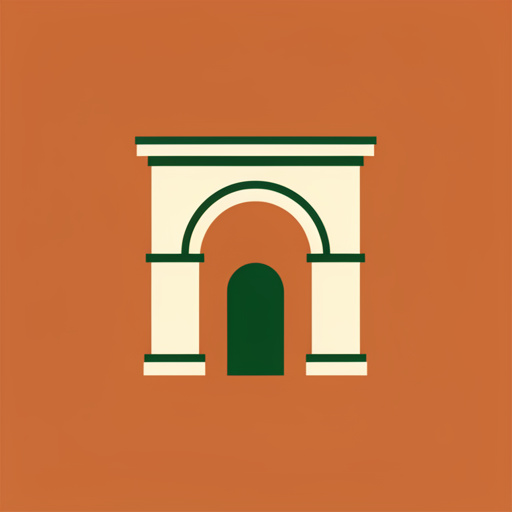 Emblème minimaliste représentant une arche romaine, une porte accueillante et une boussole stylisée sur un fond terracotta uni, pour un site de tourisme et de séjours à Rome.