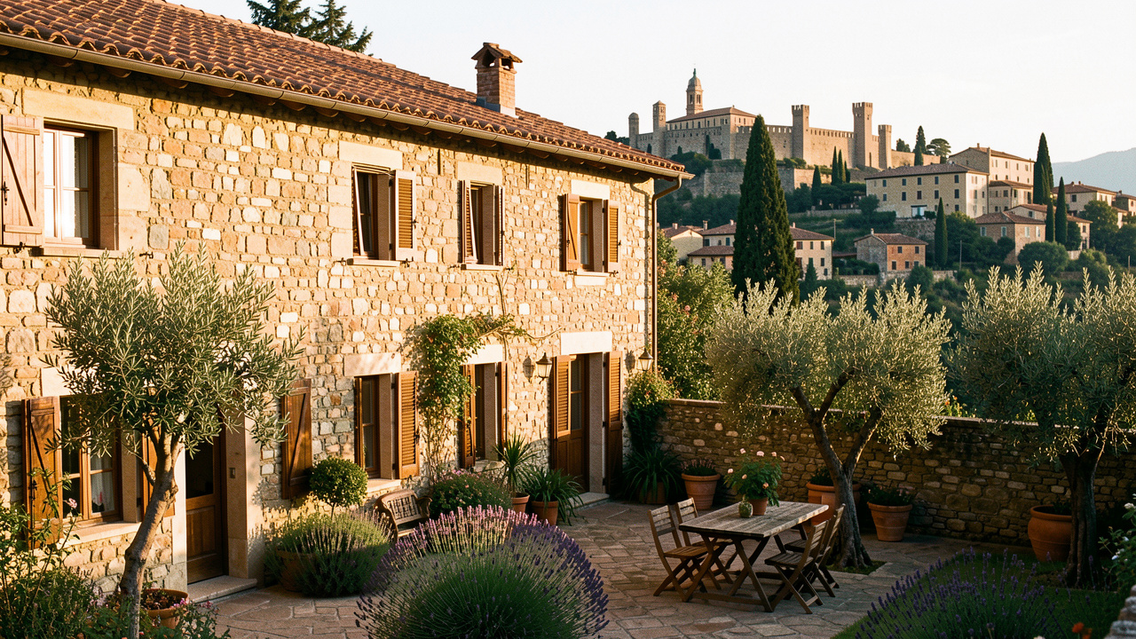 Maison d’hôtes authentique en Italie, entourée d’oliviers et de lavande, entre un village historique et une ville d’art au loin.