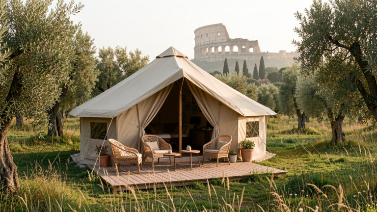 Tente de glamping luxueuse installée parmi les oliviers dans la campagne italienne, avec Rome et le Colisée visibles au loin.