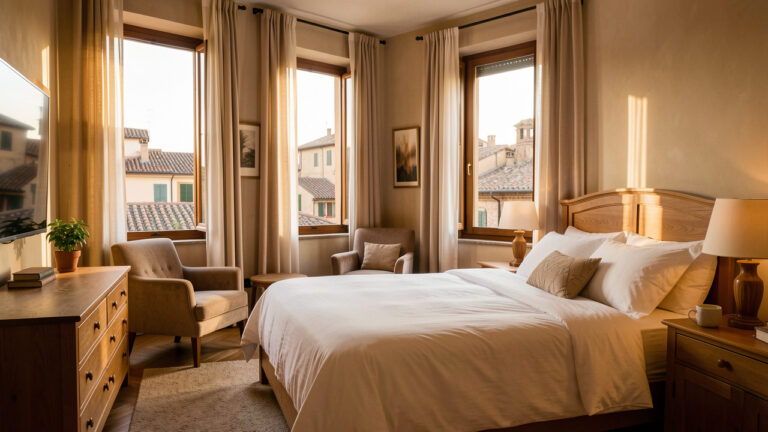 Chambre confortable d'une maison d'hôtes au centre de Rome, avec un lit bien préparé et une vue sur les toits historiques de la ville.