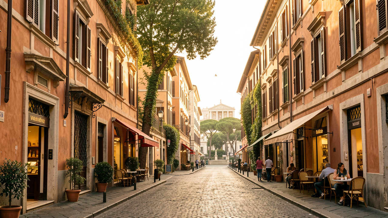 Rue pittoresque d’un quartier historique de Rome avec une maison d’hôtes accueillante, des façades couleur terre cuite et une lumière dorée.