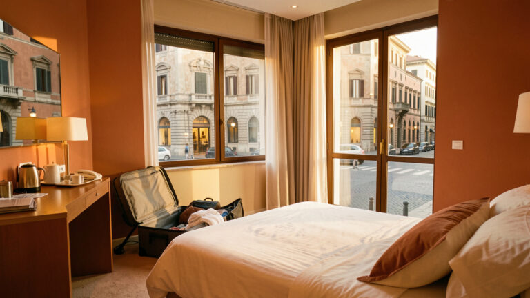 Chambre d’hôtel confortable près d’une grande gare à Rome, avec une valise ouverte et une vue sur l’architecture historique de la ville