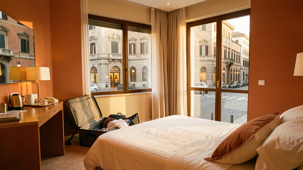 Chambre d’hôtel confortable près d’une grande gare à Rome, avec une valise ouverte et une vue sur l’architecture historique de la ville