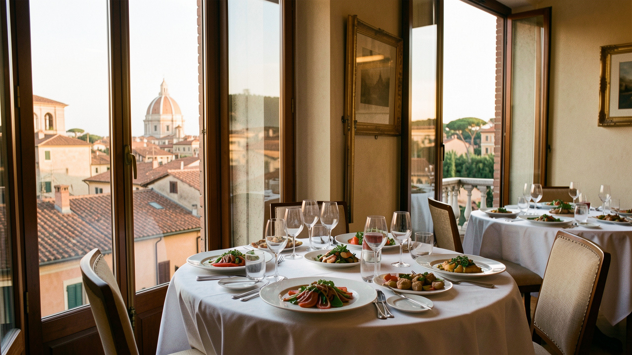 Salle élégante d’un hôtel-restaurant à Rome, avec une table dressée, des plats italiens et une vue chaleureuse sur les toits de la ville.