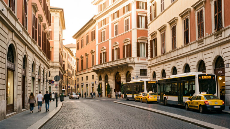 Rue accueillante près de la gare centrale de Rome, avec façades historiques, hôtel élégant, bus et taxis facilitant les déplacements.
