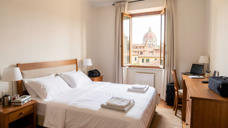 Chambre lumineuse et fonctionnelle d'une maison d'hôtes à Rome, avec vue sur les toits historiques de la ville.