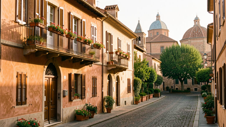 Charmante maison d’hôtes romaine dans une rue pavée bordée de bâtiments ocre, avec des dômes anciens visibles au loin.