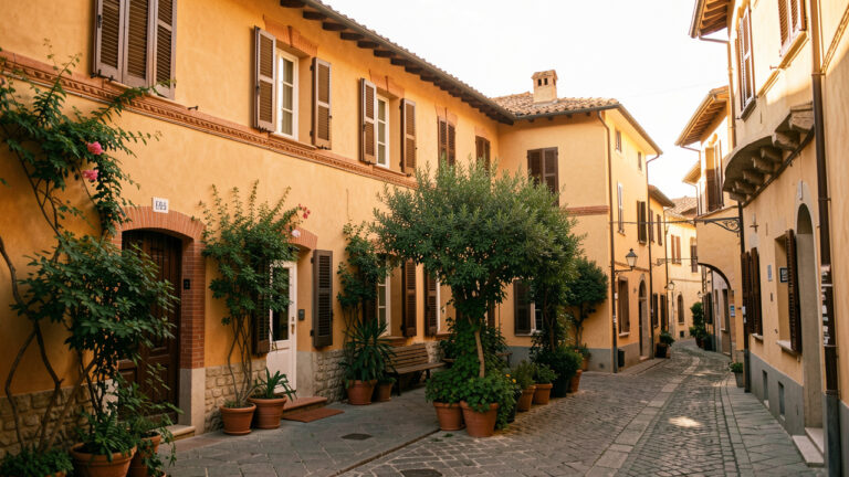 Façade chaleureuse d’une maison d’hôtes romaine aux murs ocre, volets classiques et cour végétalisée, dans une atmosphère méditerranéenne.