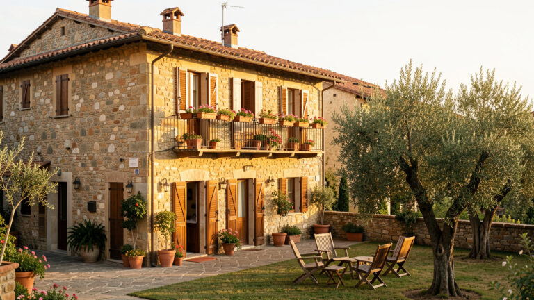 Maison d’hôtes en pierre dans un village italien perché, entourée de toits en terre cuite, de fleurs et d’oliviers.