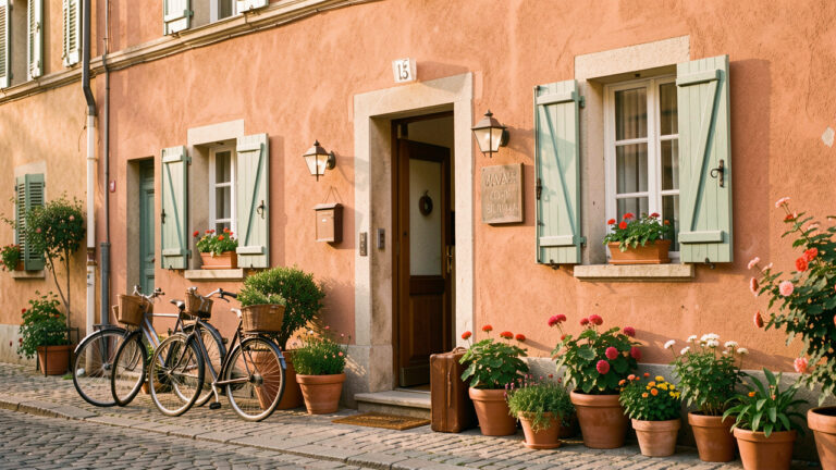 Maison d’hôtes accueillante dans une destination pittoresque, avec des fleurs, des vélos et une valise près de l’entrée.