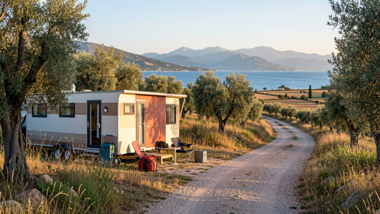 Mobil-home moderne installé près d’une côte méditerranéenne ensoleillée, entouré d’oliviers, avec une route sinueuse ouvrant sur des paysages variés et des montagnes lointaines.