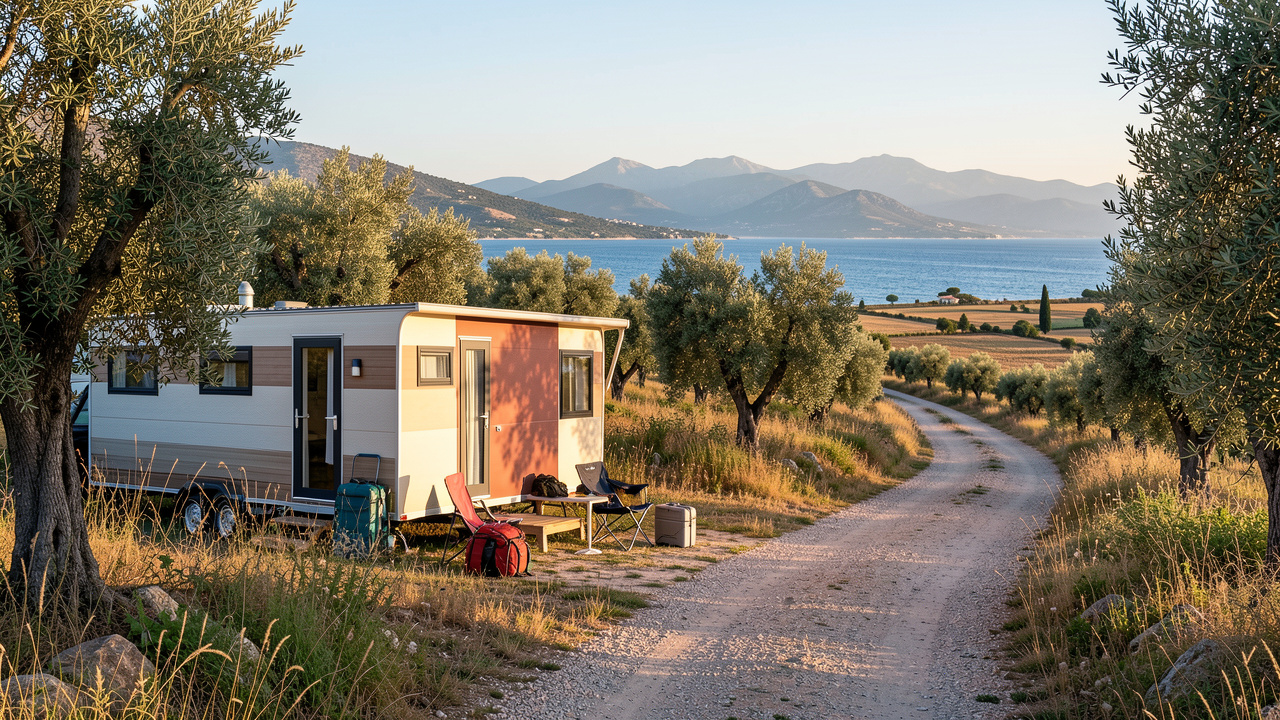 Mobil-home moderne installé près d’une côte méditerranéenne ensoleillée, entouré d’oliviers, avec une route sinueuse ouvrant sur des paysages variés et des montagnes lointaines.
