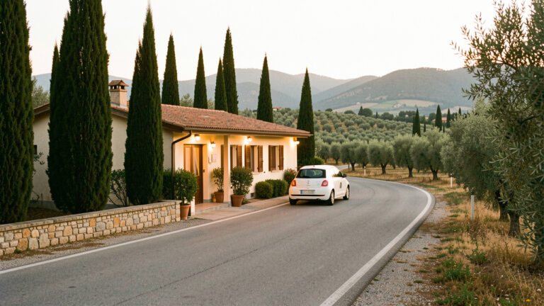 Motel italien accueillant et bien entretenu au bord d'une route, entouré de cyprès, d'oliviers et de collines, avec une voiture garée devant l'entrée.