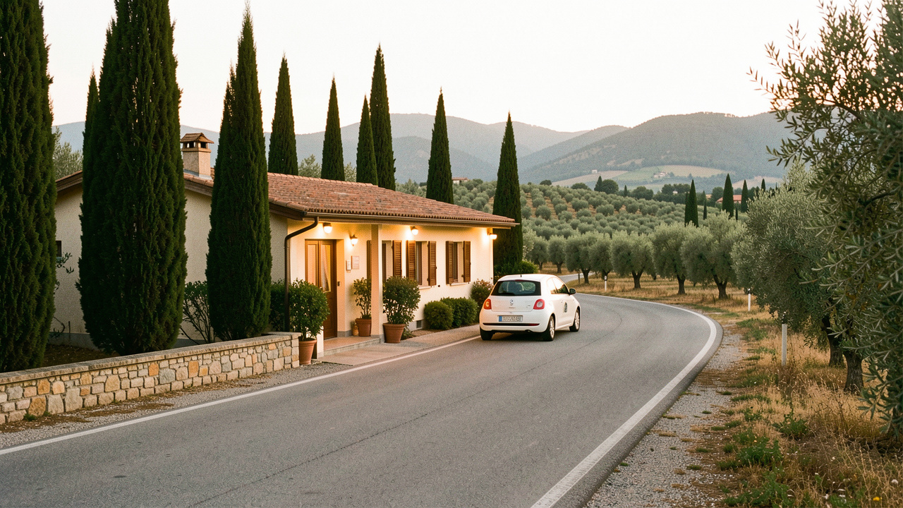 Motel italien accueillant et bien entretenu au bord d'une route, entouré de cyprès, d'oliviers et de collines, avec une voiture garée devant l'entrée.