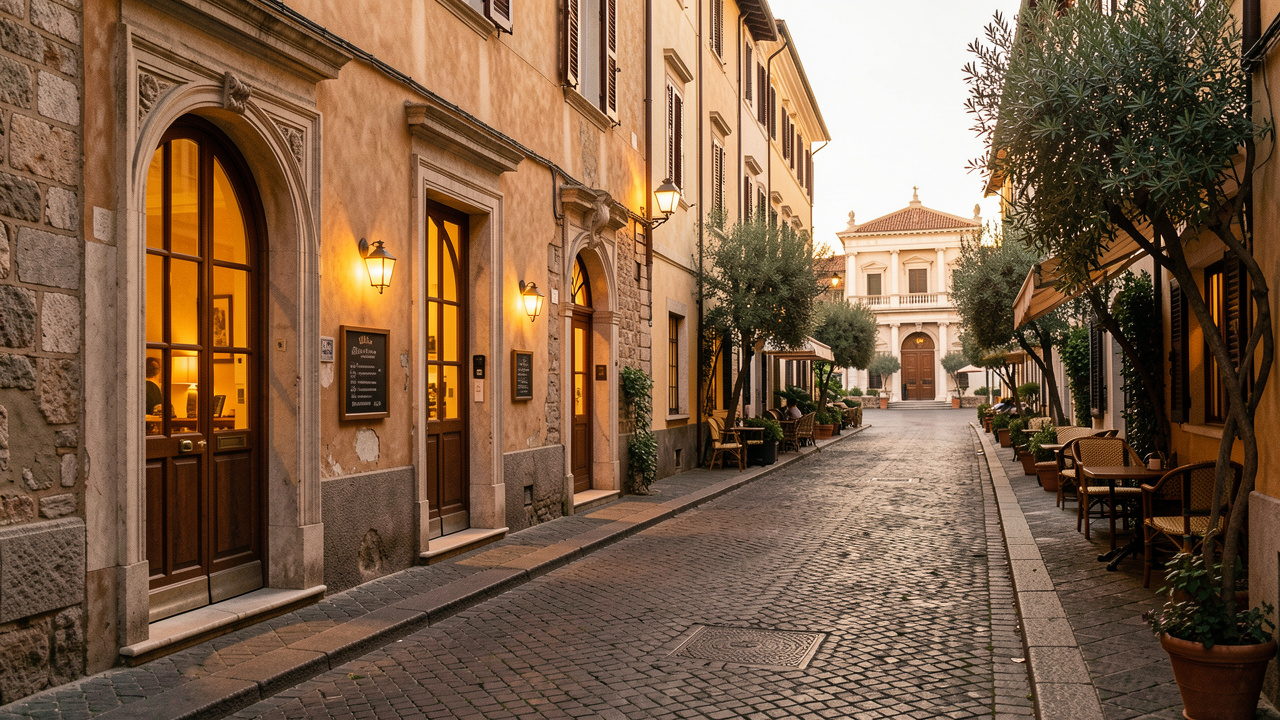 Rue pittoresque de Rome au coucher du soleil, bordée d’hébergements élégants et de bâtiments historiques, avec une ambiance chaleureuse et accueillante.