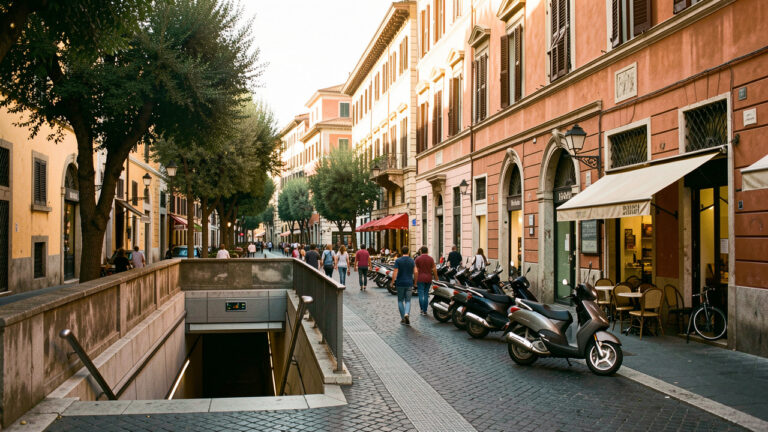 Quartier résidentiel de Rome situé près d'une entrée de métro, avec rues bordées d'arbres, bâtiments aux tons terre cuite et architecture historique
