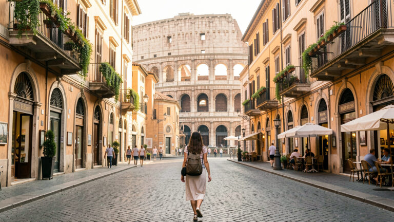 Une jeune femme marche dans un quartier historique de Rome, parmi les rues pavées et les façades ocre, avec le Colisée en arrière-plan.