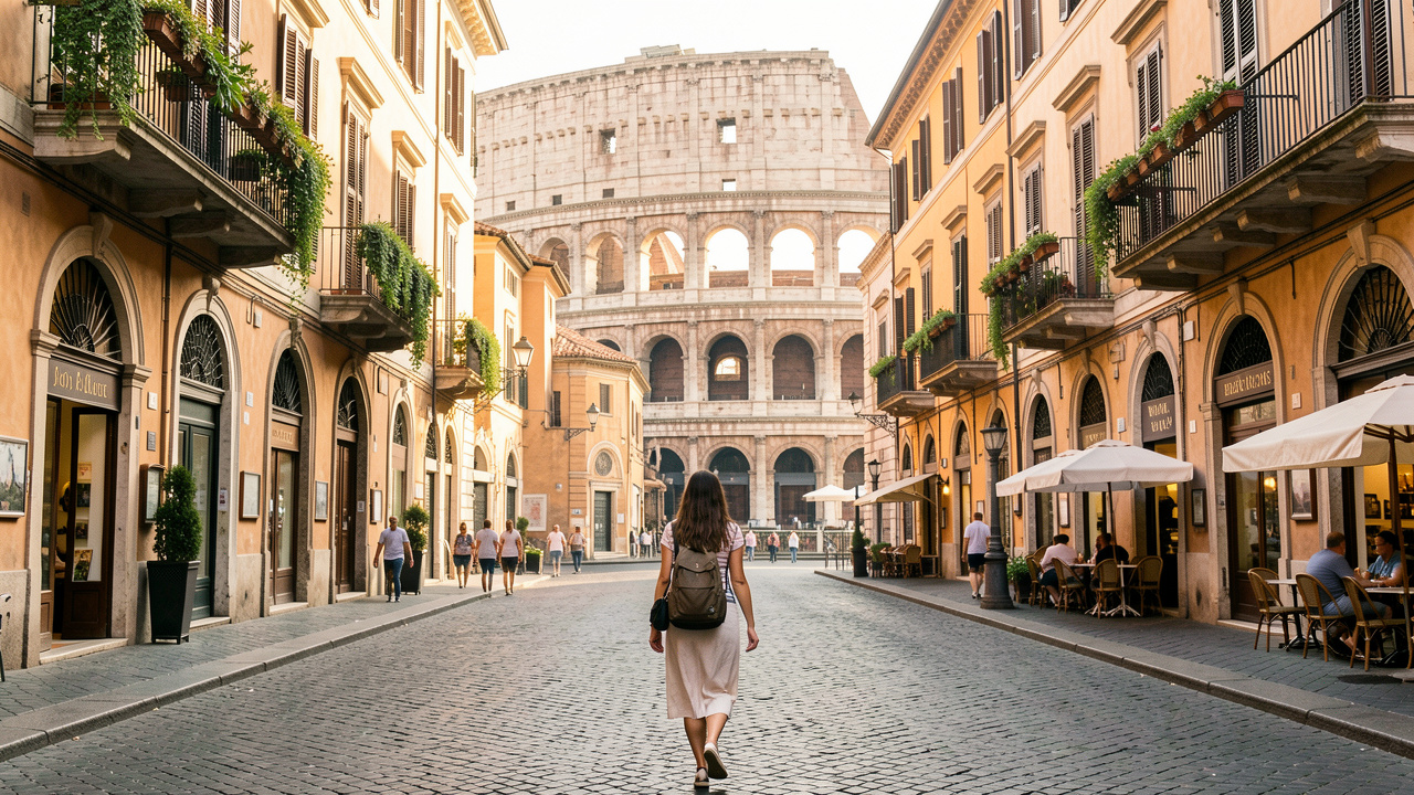 Une jeune femme marche dans un quartier historique de Rome, parmi les rues pavées et les façades ocre, avec le Colisée en arrière-plan.