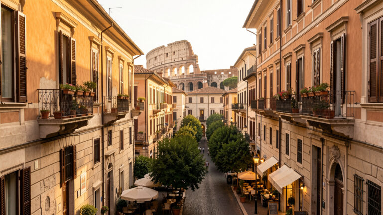 Panorama d’un quartier charmant de Rome avec des bâtiments historiques, un hôtel accueillant, des rues bordées d’arbres et le Colisée au loin.