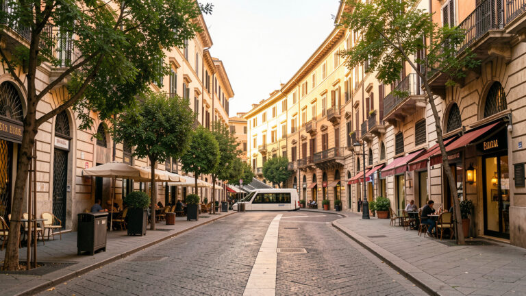 Quartier romain agréable près du métro, avec façades historiques, rues arborées et chemin piéton accueillant