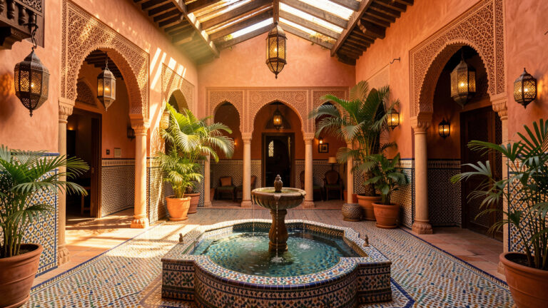 Cour intérieure d’un riad marocain authentique avec fontaine en mosaïque, arches sculptées, palmiers et lumière dorée.