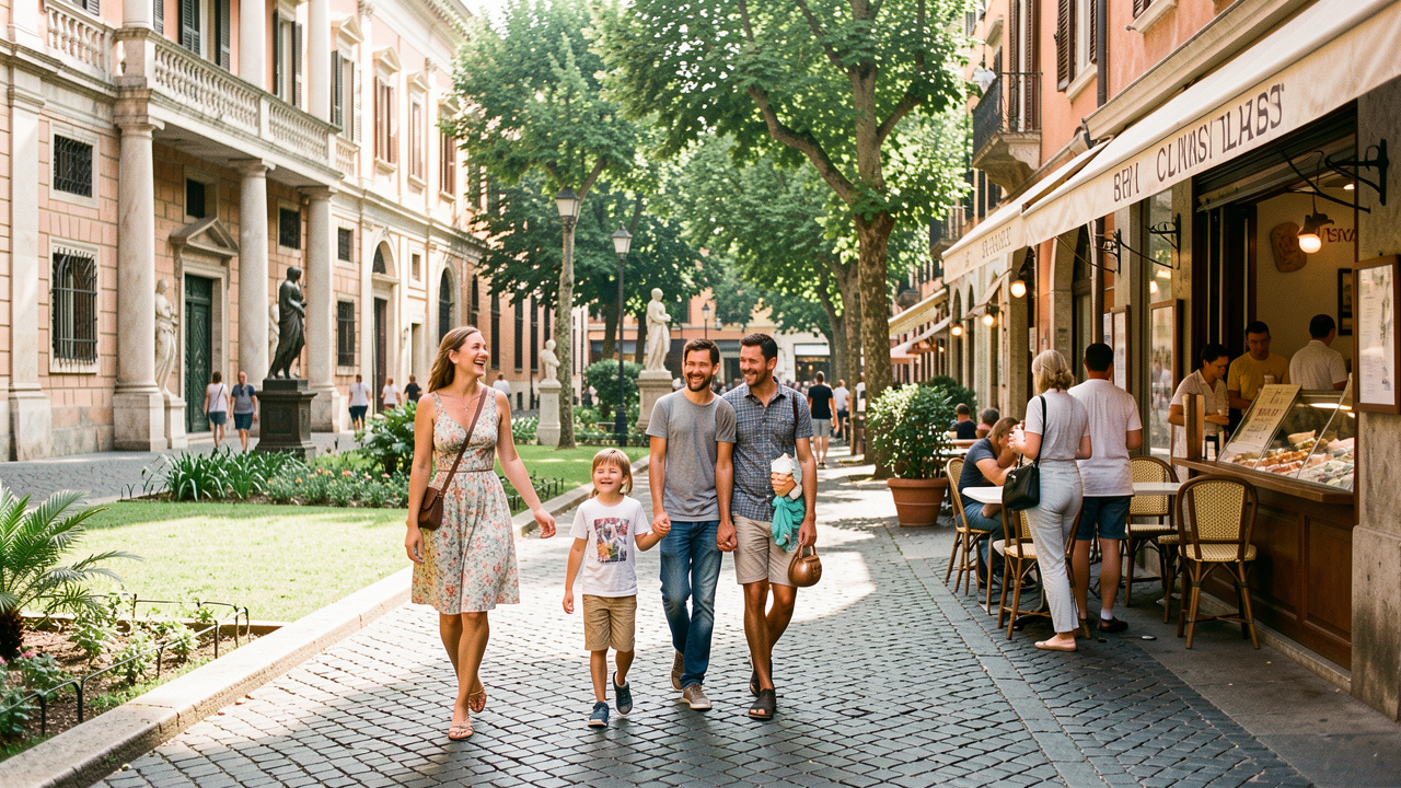 Une femme, un homme, une jeune fille et un jeune garçon découvrent Rome entre musées, parcs verdoyants et pause gourmande.