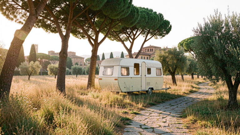Une roulotte vintage installée sous des pins parasols, dans un cadre naturel et paisible aux abords de Rome.