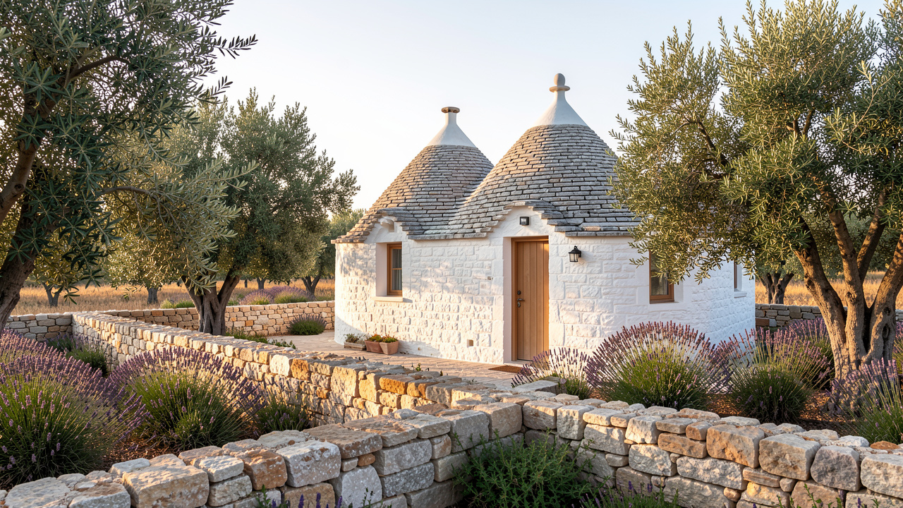 Trullo traditionnel blanc entouré d’oliviers et de lavande dans la campagne des Pouilles, baigné par la lumière chaude de fin d’après-midi.