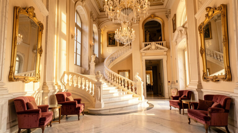 Entrée majestueuse d’un palais-hôtel romain, décorée de marbre, de miroirs dorés, de fauteuils en velours et de lustres en cristal.