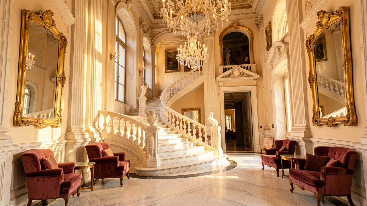 Entrée majestueuse d’un palais-hôtel romain, décorée de marbre, de miroirs dorés, de fauteuils en velours et de lustres en cristal.