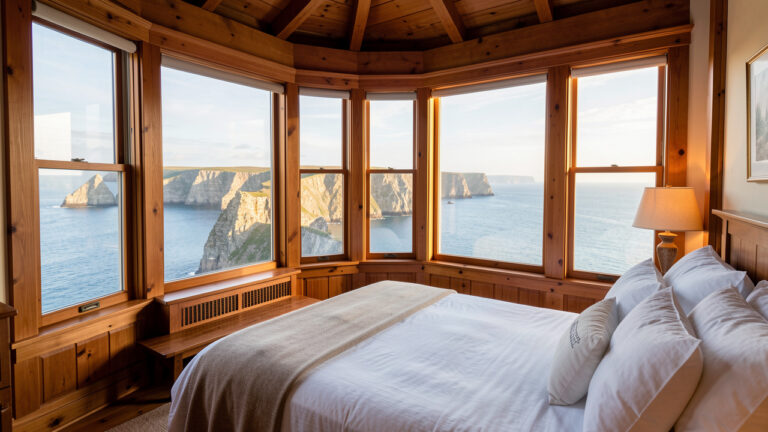 Chambre chaleureuse aménagée dans un phare historique, avec une vue panoramique sur les falaises et la mer bleue.