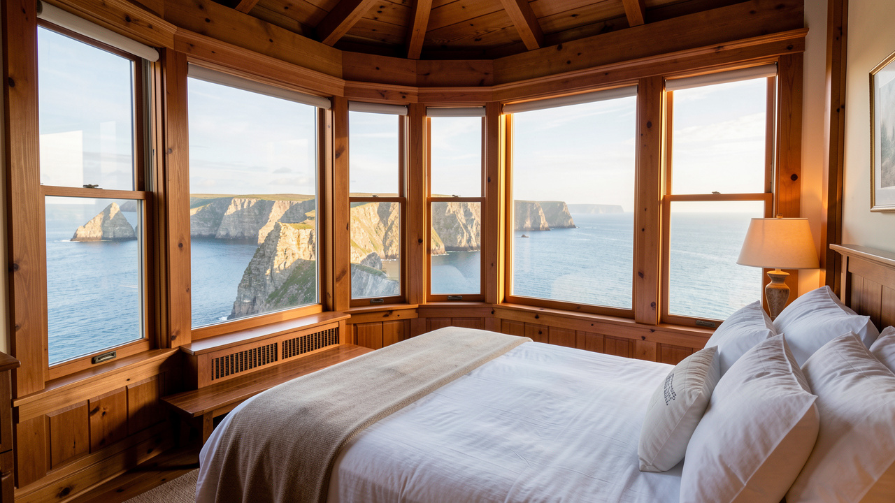 Chambre chaleureuse aménagée dans un phare historique, avec une vue panoramique sur les falaises et la mer bleue.