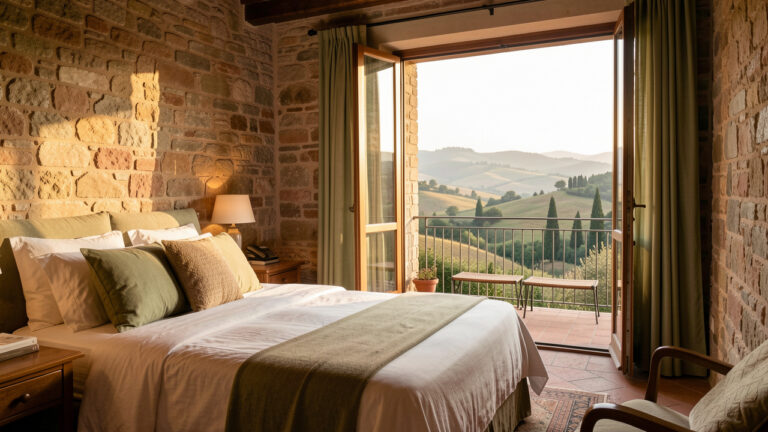 Maison d’hôtes élégante et paisible dans la campagne italienne, avec terrasse ensoleillée et décoration chaleureuse.