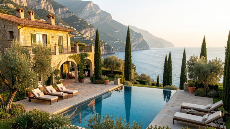 Villa italienne luxueuse avec piscine à débordement, jardin méditerranéen et vue panoramique sur la côte amalfitaine.