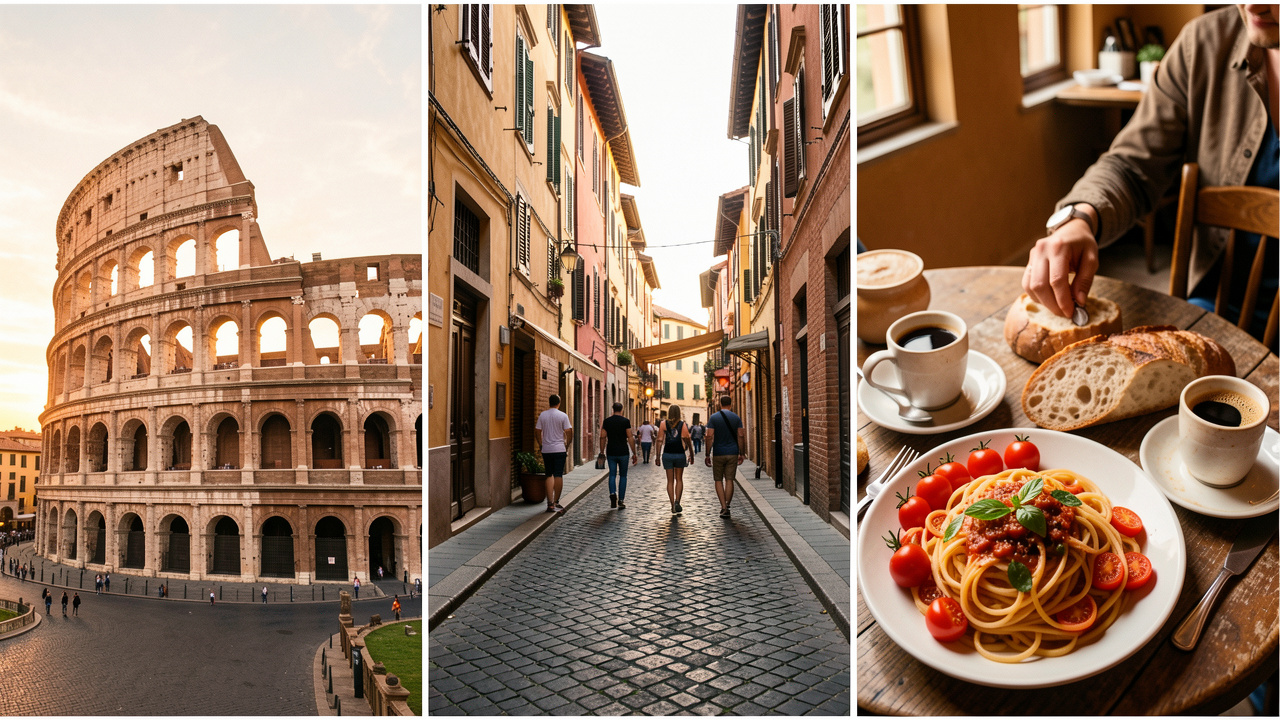 Vue évocatrice d’un week-end à Rome avec le Colisée au lever du soleil, une rue pittoresque de Trastevere et une table garnie de spécialités locales.