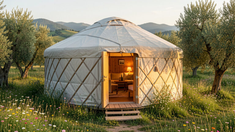Yourte confortablement aménagée au cœur de la campagne italienne, entourée de fleurs sauvages, d’oliviers et de collines verdoyantes.